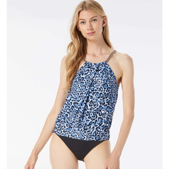 Michael Kors Palm Mix Blouson High Neck Tankini Top - Picture 3 of 3